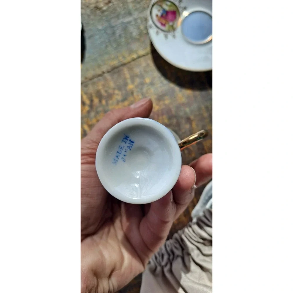 Vintage Antique Cameo French Couple Demitasse Porcelain Mini Cup & Saucer Plate